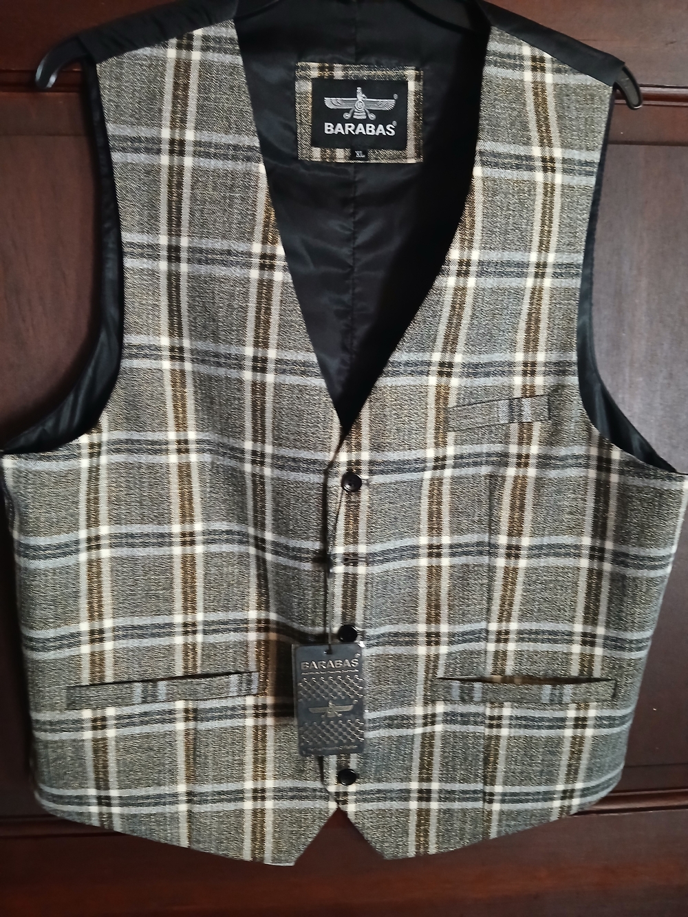 Barabas Men’s Brown/Cream Plaid Vest Size XL With Gold Metallic Thread NWT